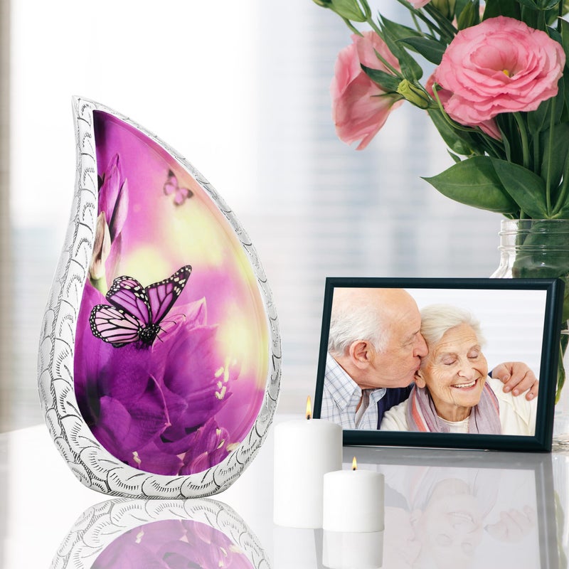 M MEILINXU Purple Butterfly Decorative Urn  Cremation Urns for Human Ashes - Display at Home or Niche  Engraved Aluminum Tear drop Urn for Ashes Adult Female & Male  Pink Tulips - Large Teardrop - Image 4